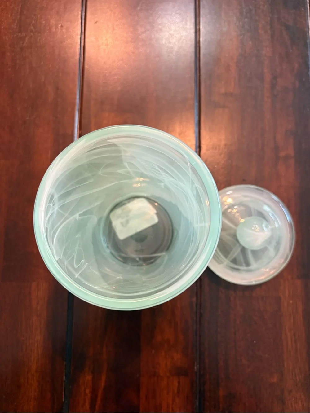 Glass mint green decorative storage jar with lid and white etching